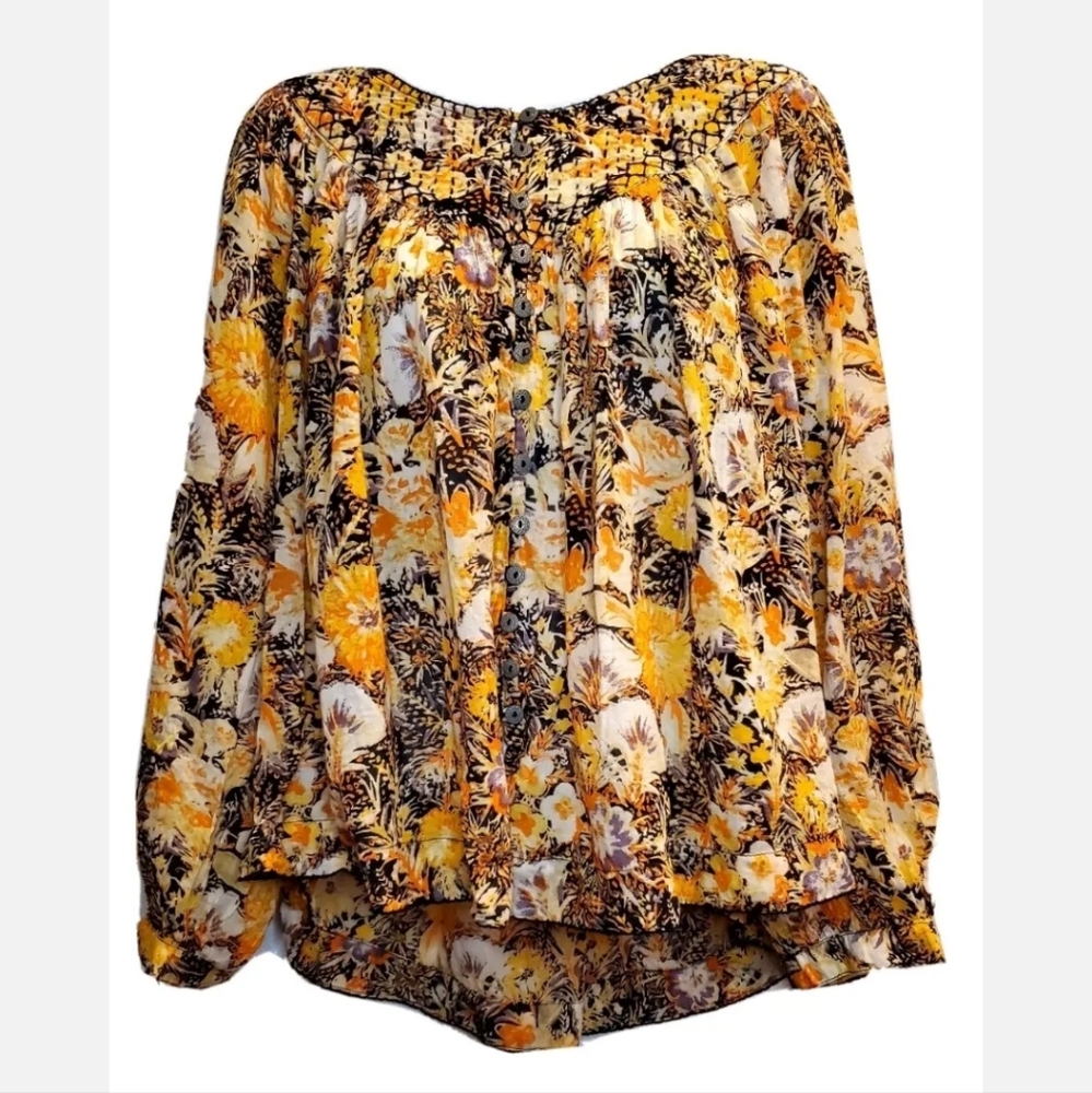 We The Free Yellow Floral Oversized Long Sleeve Button up Blouse Size Small
